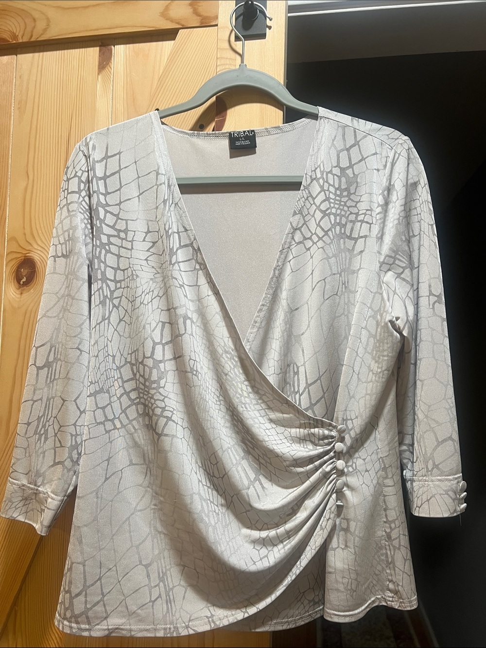 Tribal Silver Metallic Faux-Wrap Blouse size large